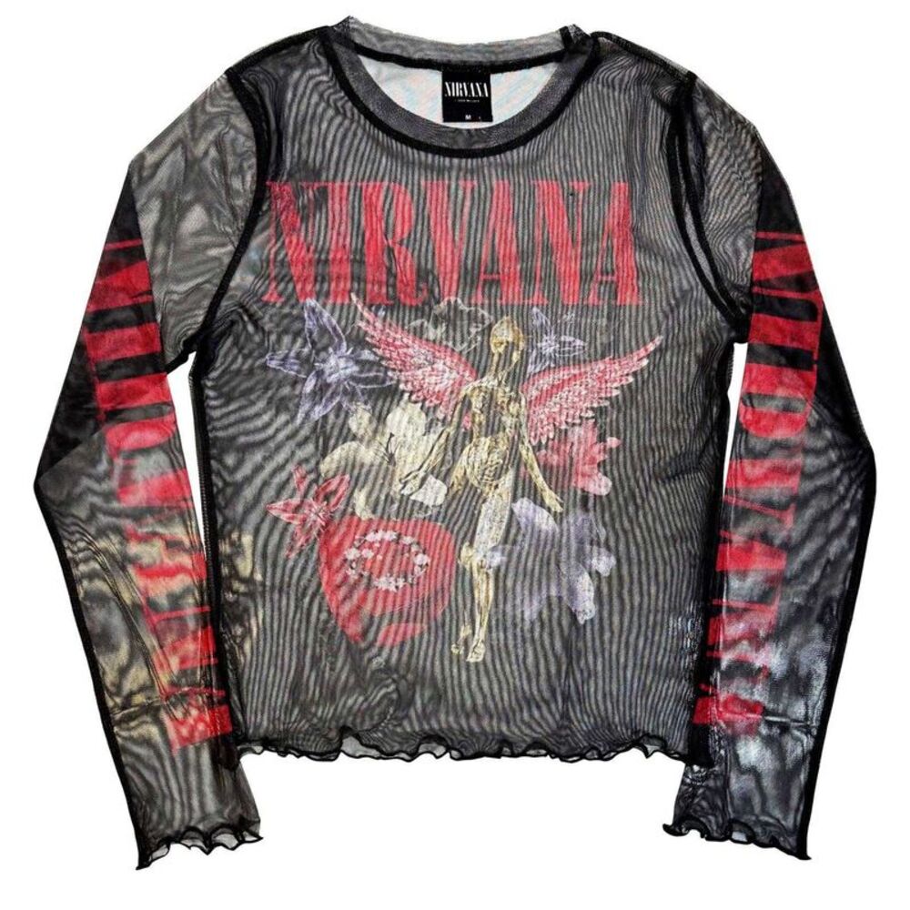 Nirvana Womens/Ladies In Utero Vintage Collage Mesh Long-Sleeved Crop Top / Blac